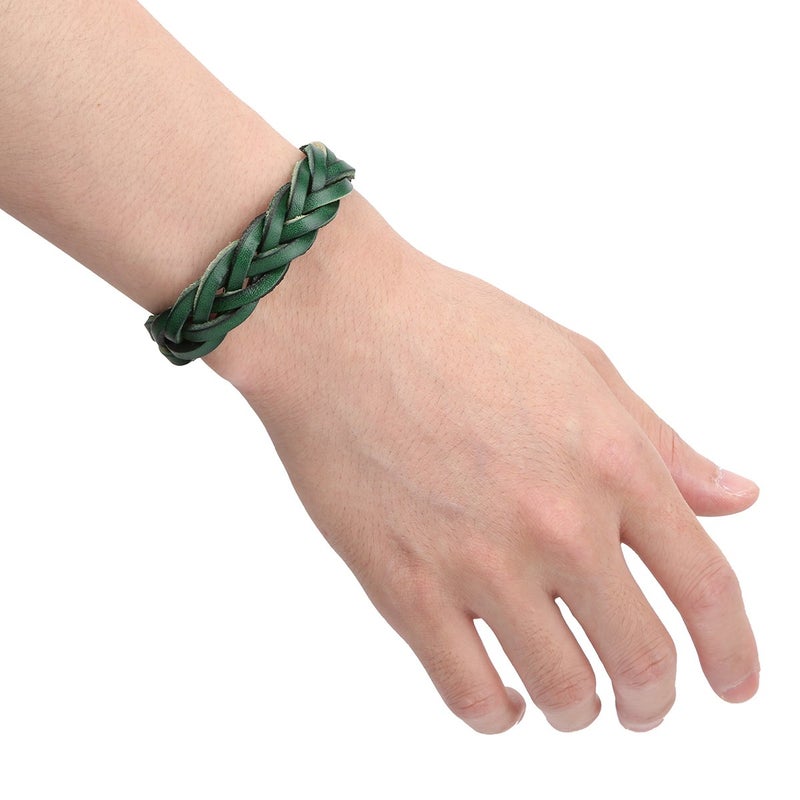 CCBFY Genuine Leather Bracelet Braided Sporty Wide Wristband Punk Jewelry for Men Women Green - Image 2